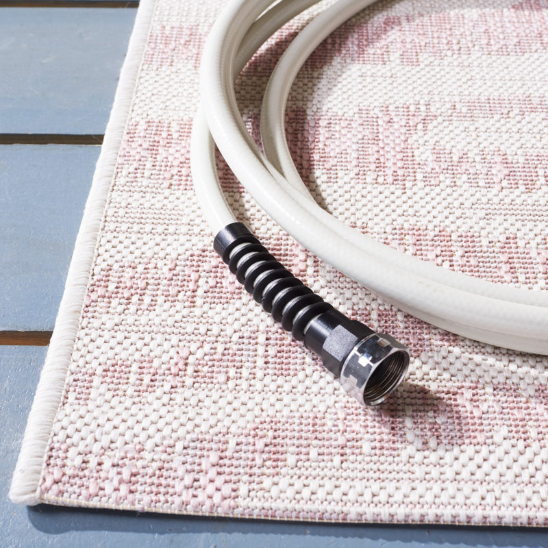 Ivory and Pink Rectangular Synthetic Indoor/Outdoor Area Rug