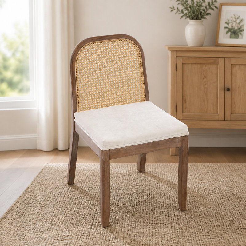 Chaise de salle à manger Mid-Century arquée avec dossier en canne et assise en chenille, beige (ensemble de 2), Beige