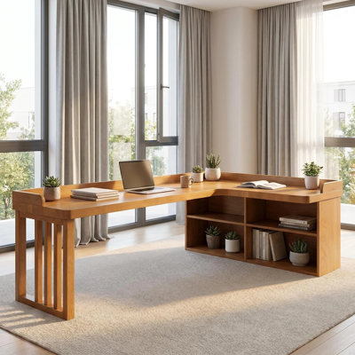Bureau en L en bois massif avec tablettes de rangement intégrées et bureau d'angle moderne à pieds en lattes