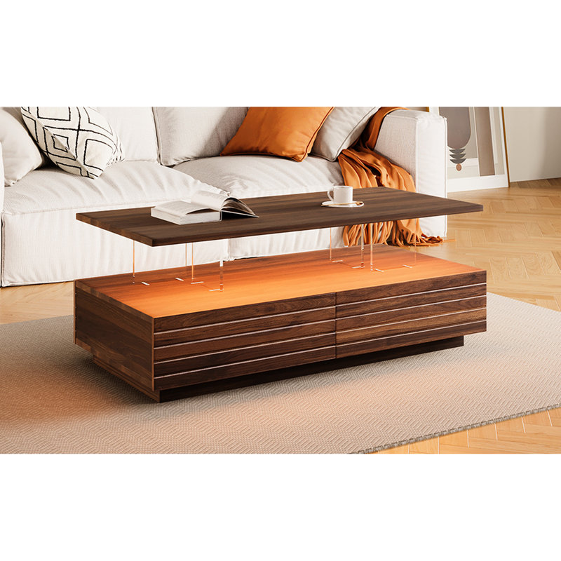 Table basse moderne en noyer avec lumières à DEL à intensité variable et 2 tiroirs de rangement pratiques et spacieux de 47,2 po