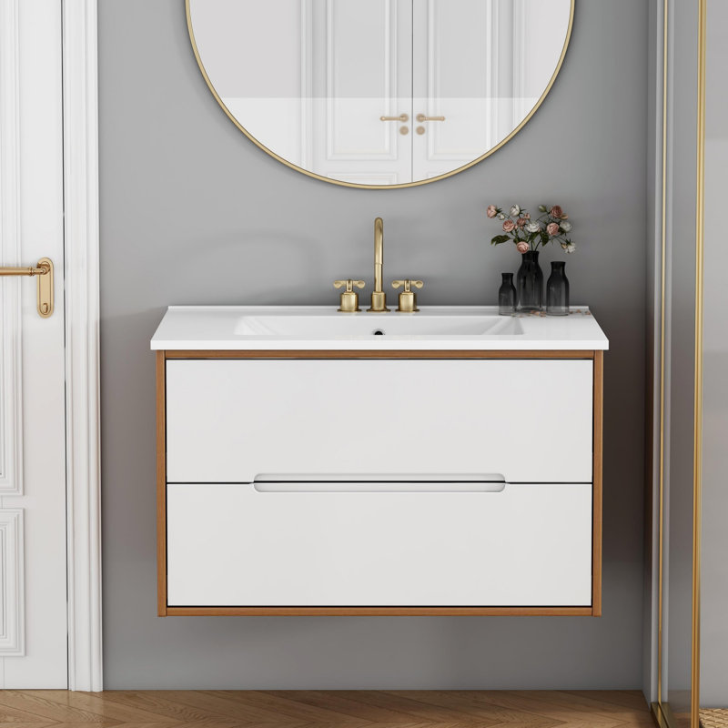 Meuble-lavabo mural avec lavabo, armoire en bois avec tiroirs