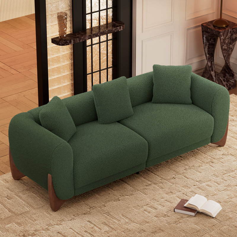 Sherpa Upholstered Sofa with Wood Wedge Legs, Green