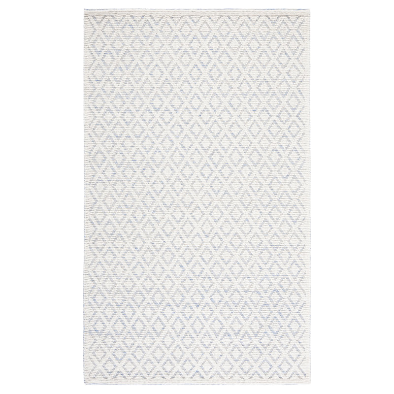 Agramonte Geometric Handwoven Wool Ivory/Blue Area Rug, Rectangle 3' x 5'