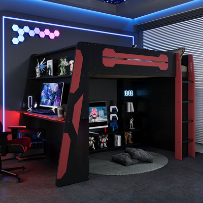 Full Size Wood Loft Bed with Desk, Multi-Tier Shelves & RGB Gaming Lights, Red