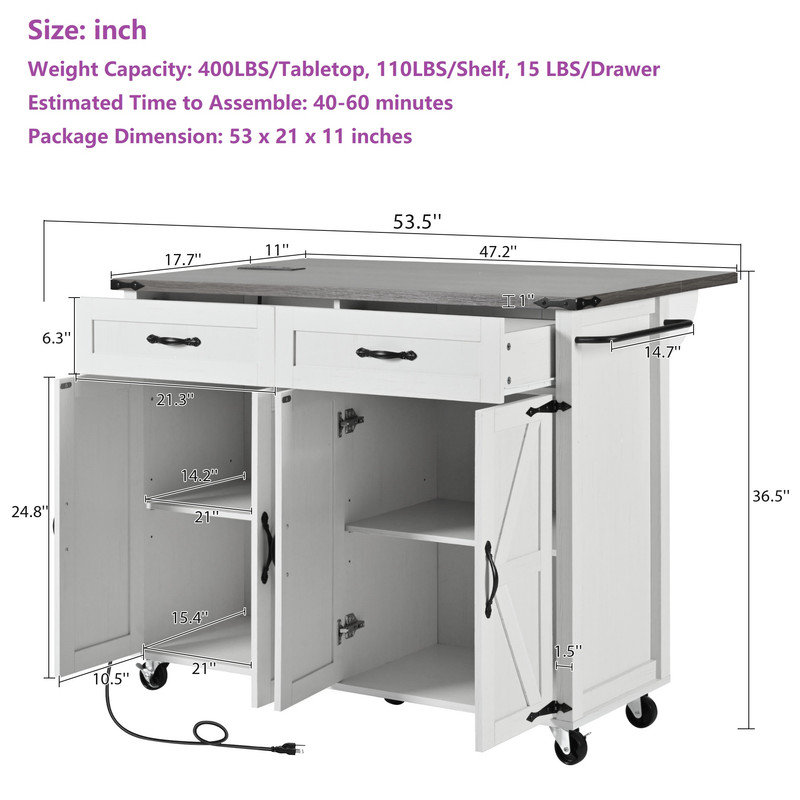 Îlot de cuisine avec abattant et 2 armoires de rangement, Blanc