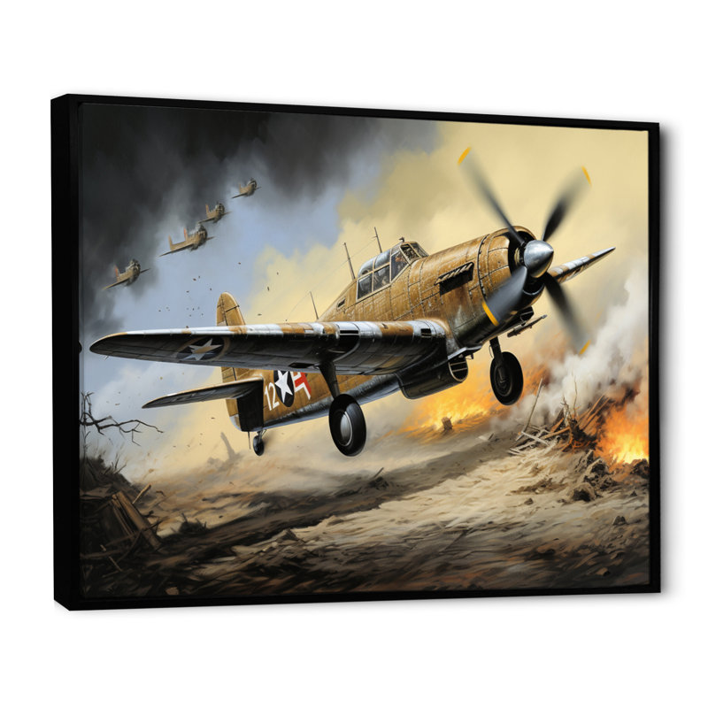 Vieux avion militaire pendant la Seconde Guerre mondiale - Art mural militaire, H 16 po x l 32 po, Cadre flottant noir