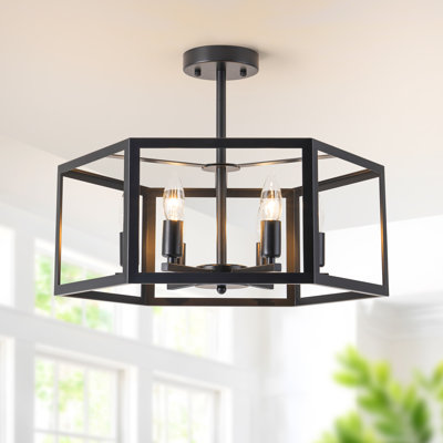 6-Light Industrial Lantern Semi Flush Mount Ceiling Light Candle Style Black Finish Geometric Cage Dining Light