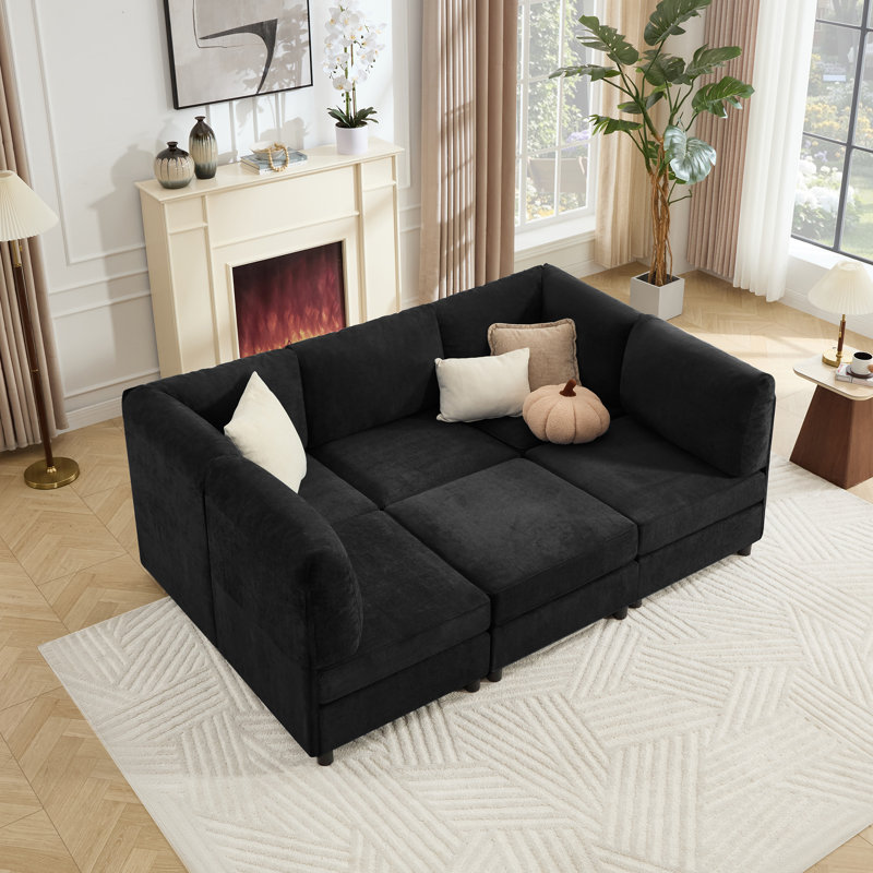 6 Piece Upholstered Sectional Modular Sofa Corner With Ottoman, Black Polyester Blend