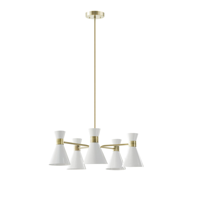 Ezra Mid-Century 5-Light Chandelier in Antique Brass with White Shades