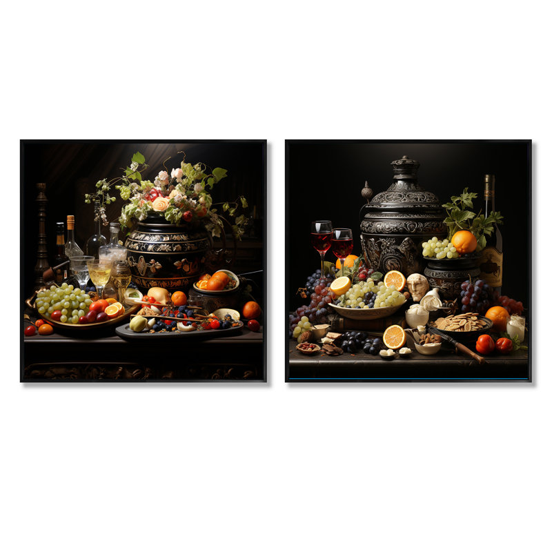 Worldly Symphony Fruit Cuisine - Ensemble de 2 collages carrés International Cuisine, Cadre flottant noir, H 16 po x l 33 po