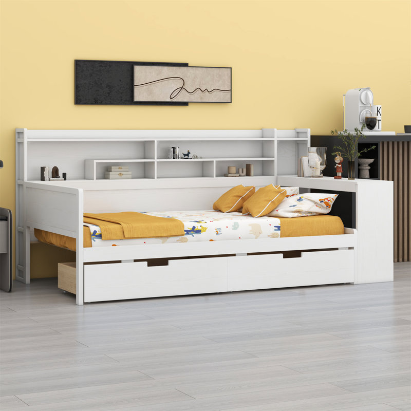 Lit de jour en bois avec tablettes de rangement, lit multifonctionnel avec deux tiroirs de rangement et bureau d'étude
