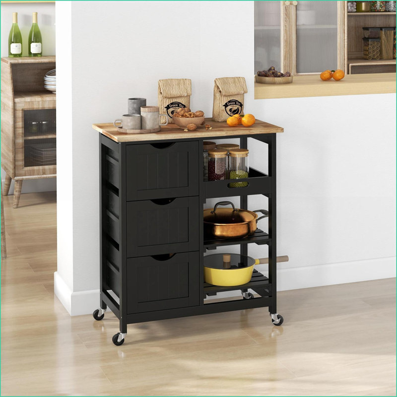 Kitchen Island Cart, HOMCOM Compact Rolling Trolley with Rubber Wood Top, Storage &amp; Removable Tray, Black | 360° Wheels | Brake Lock