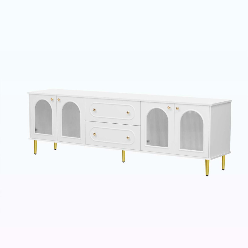 Console Table with Five Metal Legs and Metal Handles, 2 Drawers and 2 Cabinets, White, White/Gold