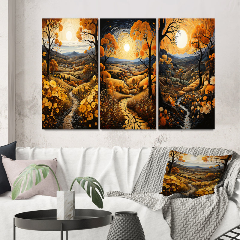 «Countryside Harvest Gold Autumn», 3 pièces sur toile, Toile tendue, H 32 po x l 48 po