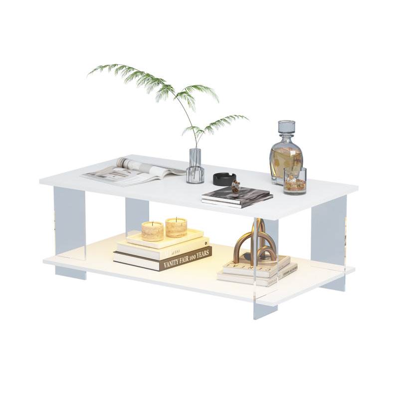 Table basse en acrylique avec DEL et rangement, Blanc