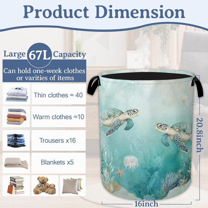 Sea Turtles Laundry Basket,Foldable Oxford Cloth Jellyfish Coral Laundry Hamper With Handles, Tote Bag Clothes Storage Bucket For Laundry Room/Bathroom/Bedroom/Dormitories