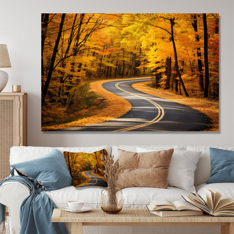 «Golden Road Into The Autumn Forest II - Road», art mural, Cadre flottant noir, H 24 po x l 32 po x P 1 po