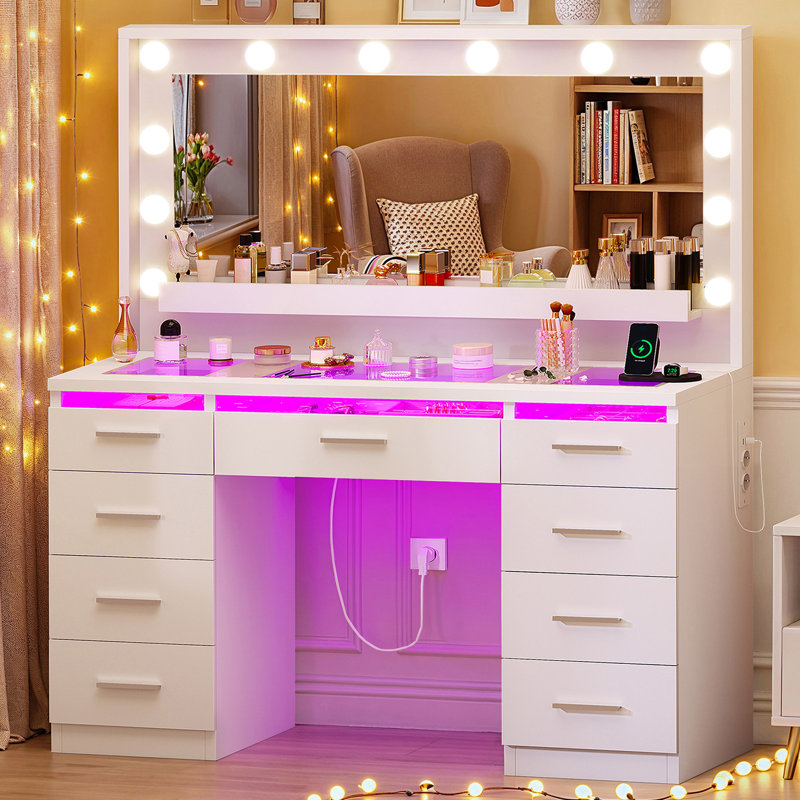 Makeup Vanity Desk with RGB LED Lighted Mirror & Charging Station, 3 Color Modes Makeup Vanity Table with 9 Drawers & 1 Open Shelf,Vanity Table with Glass Top for Bedroom, White
