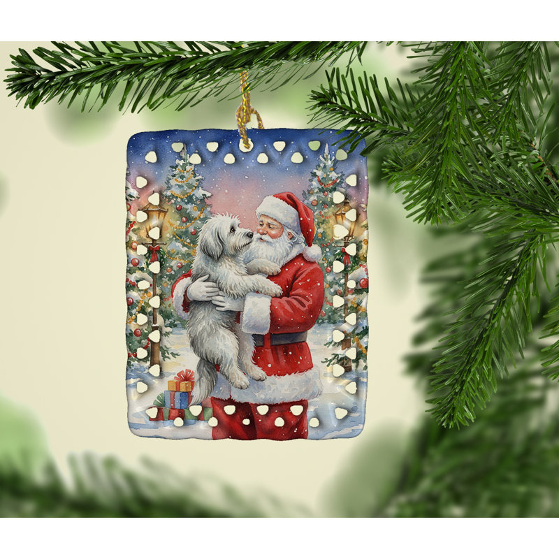 Ornement en porcelaine Old English Sheepdog avec père Noël, Berger anglais
