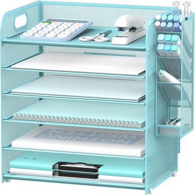 6 Tier Paper Organizer With 4 Pen Holders, Mesh Desk Organizer Letter Tray With Handle