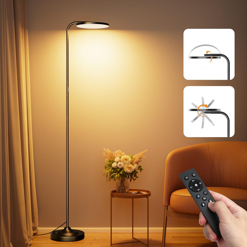36W Dimmable LED Floor Lamp With Remote - 350° Rotating Head, Adjustable Brightness & Color Temp, Black