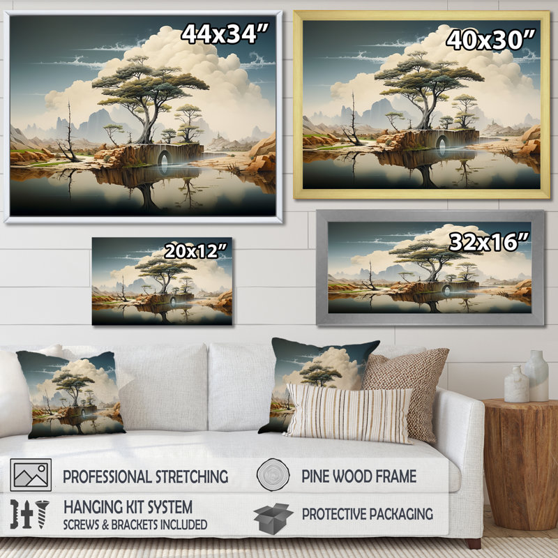 Surréalisme, paysage désertique I - art mural surréalisme, Cadre d'angle fermé doré, H 12 po x l 20 po x P 1 po