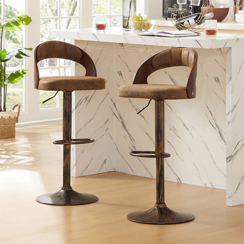  George Set of 2 Adjustable Height Bar Stools Mid-Century Modern Faux Leather Wood Chair 360° Swivel, Industrial Pedestal Base, for Kitchen, Counter, Home Bar