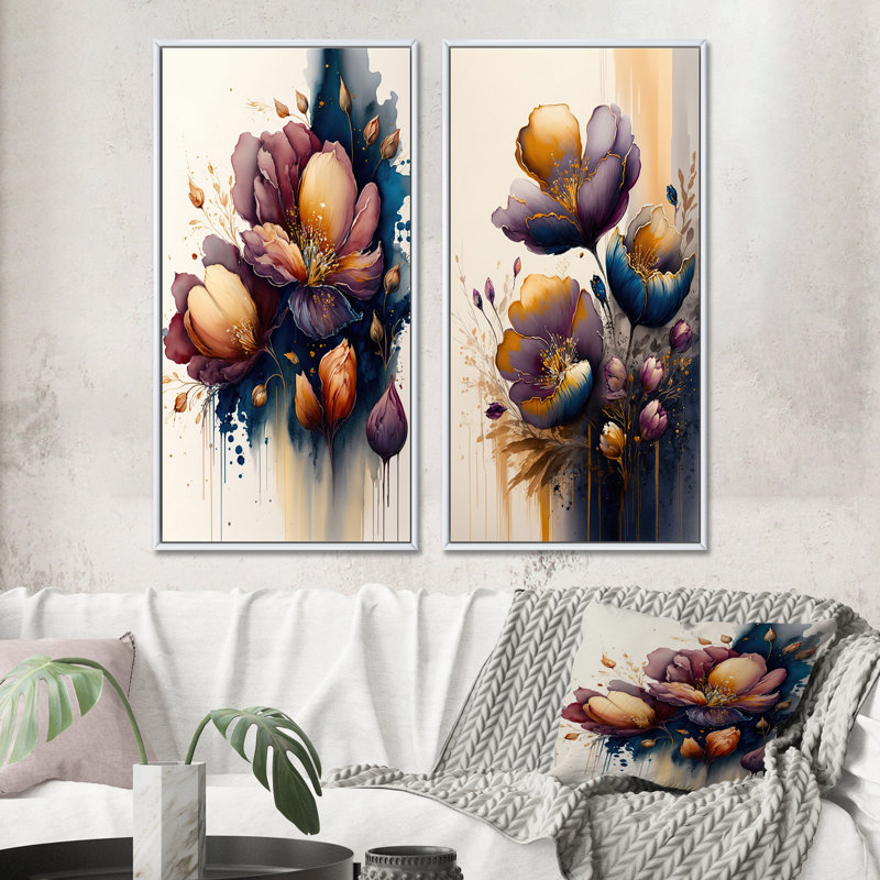 «Red Blooming Crocus Flowers», 2 pièces sur toile, Cadre blanc, H 40 po x l 40 po