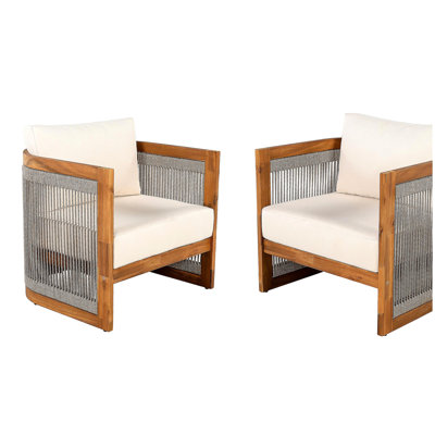[Ensemble de 2] Fauteuil club d'extérieur en bois d'acacia de qualité supérieure, conception de baignoire incurvée avec accents de corde tissée, coussins résistants à l'eau, fabrication de lattes toutes saisons