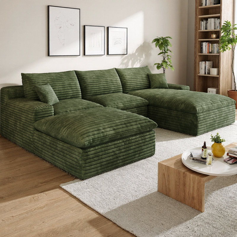 Canapé modulaire en forme de U de 106 po avec méridienne droite et repose-pieds, structure à double couche en velours côtelé, coussin amovible, aucun assemblage requis