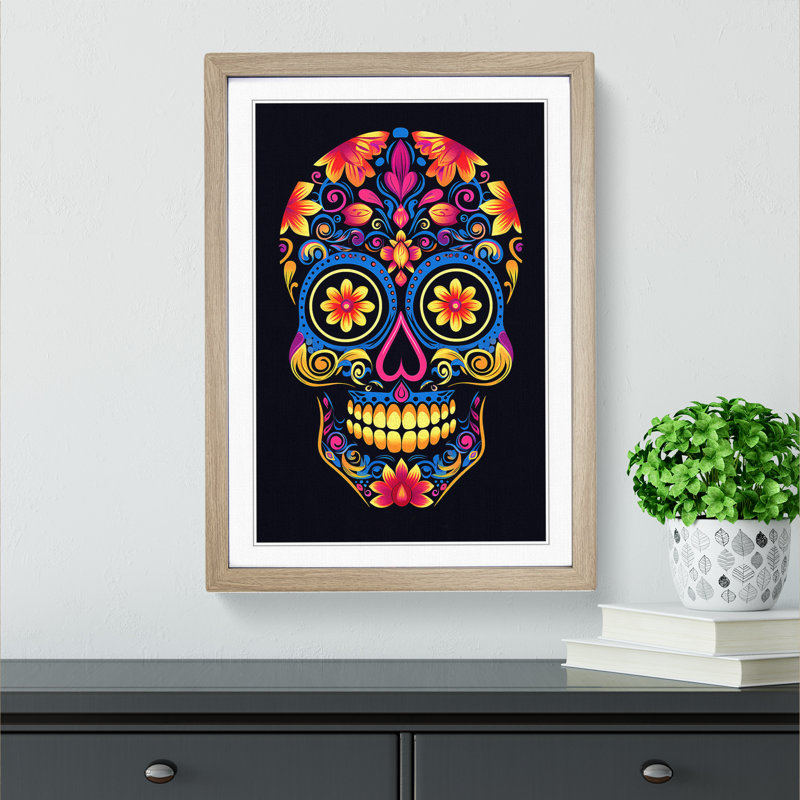 Sugar Skull Minimalism No.2 - Single Picture Frame Print on Wood, 46cm H x 34cm W x 2cm D, Oak