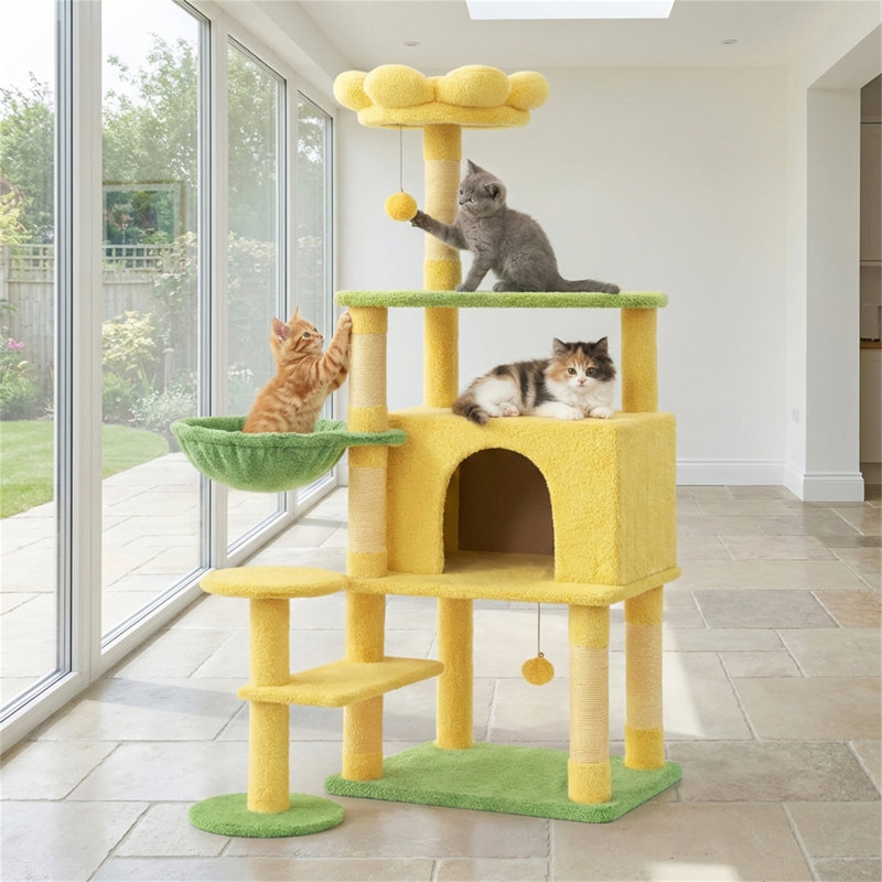 Arbre à chat fleur avec grand coussin de coussin amovible et hamac jaune
