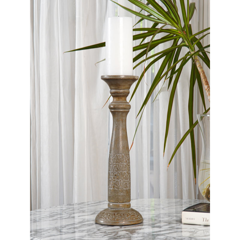 Gray Wash 15'' Handmade Mango Wood Pillar Candle Holder