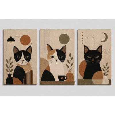 Grand ensemble de 3 reproductions d'art sur toile de chat moderne Mid-Century Boho, impression sur toile de salon chambre à coucher, impression sur toile 16 x 24 pouces - prête à être accrochée
