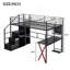 Lit mezzanine double en métal avec poste de travail intégré, garde-robe, escalier de rangement et DEL, noir