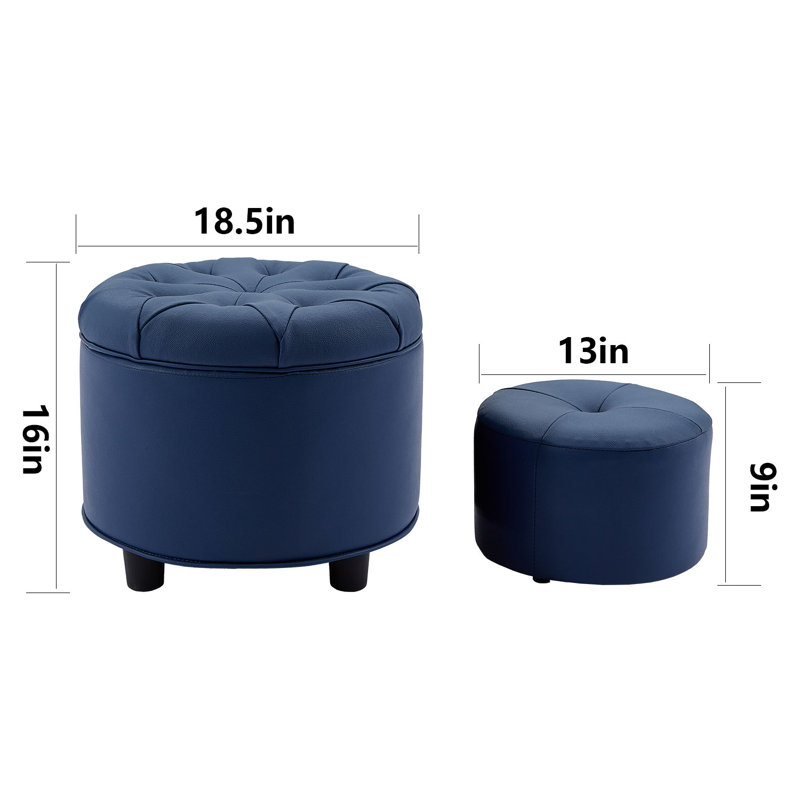 2 Piece Genuine Leather Tufted Round Storage Footstool Ottoman Set , Blue