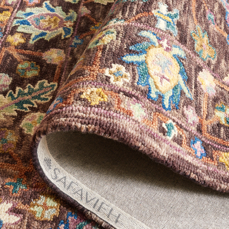Tapis floral en laine / coton touffeté Sereta brun / bleu / gris anthracite / lavande / gris, Carré 6 pi
