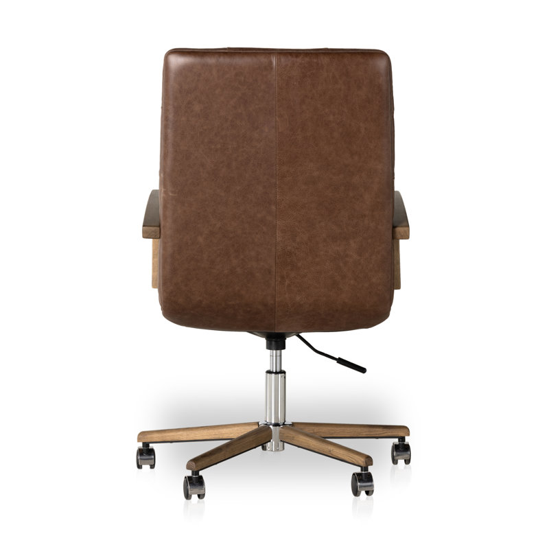 Cocoa Genuine Leather Swivel Task Chair with Wood Frame