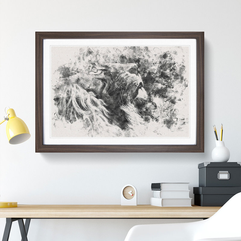 Majestic Lion Illustration Watercolour - Picture Frame Graphic Art Print, Walnut Framed, 45cm H x 63cm W x 2cm D