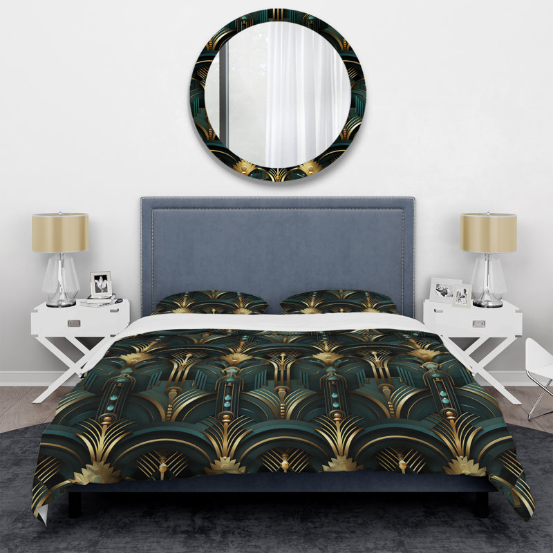 Abstract Duvet Cover Set - Gold And Green Art Deco Opulence, Queen Duvet Cover + 2 Standard Shams