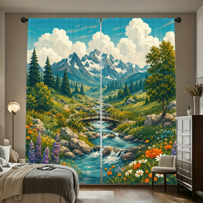 2 Pieces Landscape River Mountain Forest Floral Pattern Light Filtering Curtains, Scenic Nature Print Decor, Easy Hang Rod Pocket Design, All-Season for Home Living Room, Bedroom and Study Room Decoration