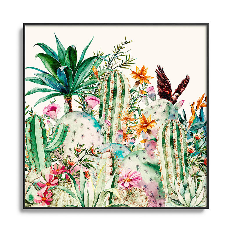 Blooming in the Cactus - Peinture sur verre encadrée, H 20 po x l 20 po x P 1 po, Noir