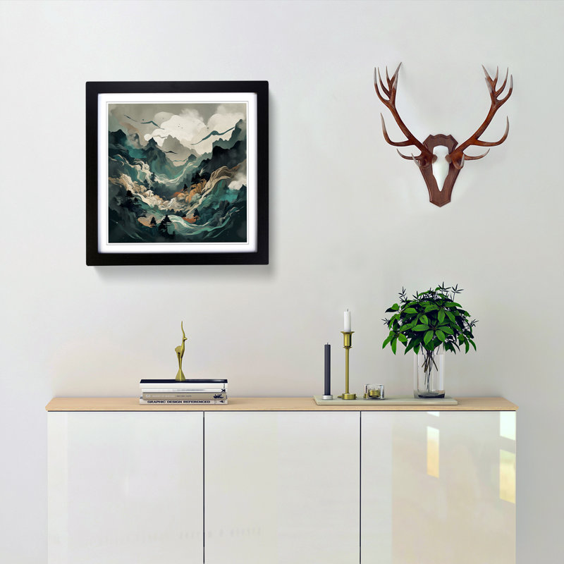 Japanese Mountains Abstract Art No.1 - Single Picture Frame Print on Wood, Black