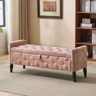 Royal Windsor 48" Ottoman with Storage,Tufted Storage Bench with Safety Hinge,Holds up to 350 lb,Black Wood Legs,Upholstered Bench with Arms for Bedroom,Living Room,Entryway,Linen Pink