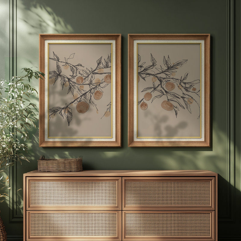 Décoration murale botanique minimaliste à motif de branches de pêche - ensemble de 2 reproductions d'art encadrées de qualité supérieure sur papier 26 po x 36 po