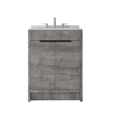 Meuble-lavabo autoportant de 24 po avec lavabo, porte à fermeture douce, comptoir et dosseret en marbre de culture blanc de Carrare de 0,6 po, contreplaqué, gris
