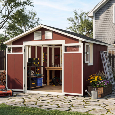 10’x 12’ Outdoor DIY Wooden Storage Shed with Double Doors & Acrylic Windows