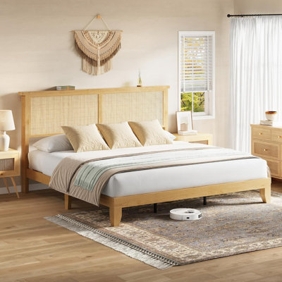 King Size Rattan Bed Frame,Bohemian Rattan King Bed Frame with Natural Headboard, LED Lights,Solid Wood Foundation with Silent Slats,No Box Spring Needed (King)