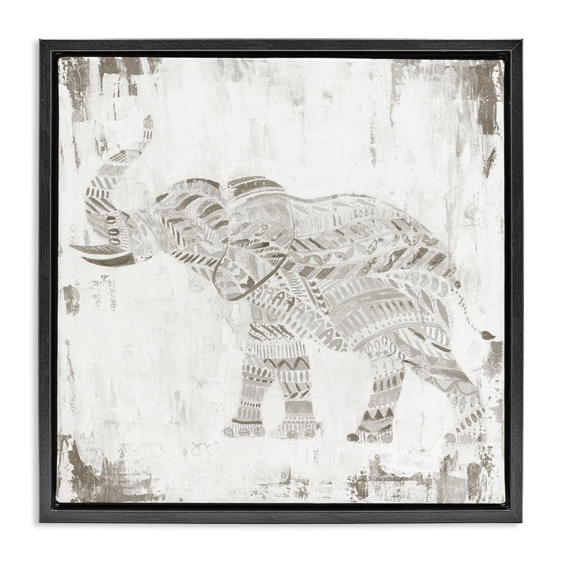 «Boho Stripes Elephant», art par Janet Tava, Cadre flottant noir de jais, H 18 po x l 18 po