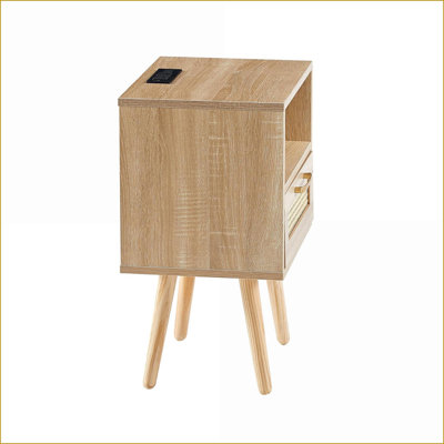 Table basse en rotin naturel avec Power & amp; Ports USB, table d'appoint moderne avec pieds en bois massif pour le salon